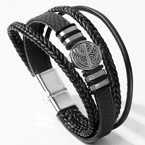 Men's Multilayer Woven Leather And Pu Leather Bracelet With Alloy And Geometric Design Electroplated