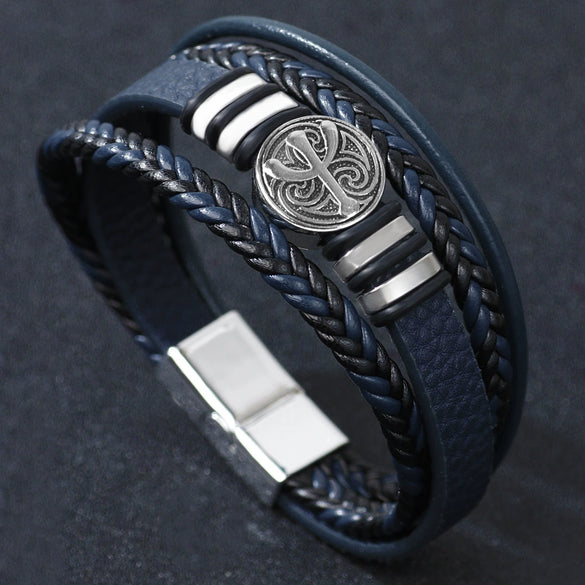 Men's Multilayer Woven Leather And Pu Leather Bracelet With Alloy And Geometric Design Electroplated