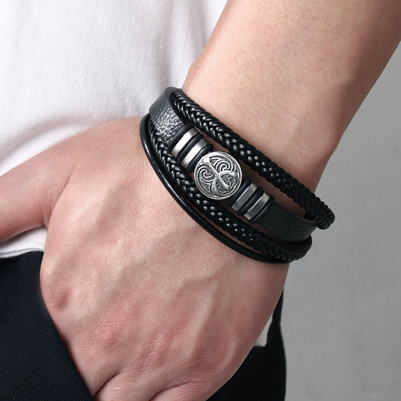 Men's Multilayer Woven Leather And Pu Leather Bracelet With Alloy And Geometric Design Electroplated