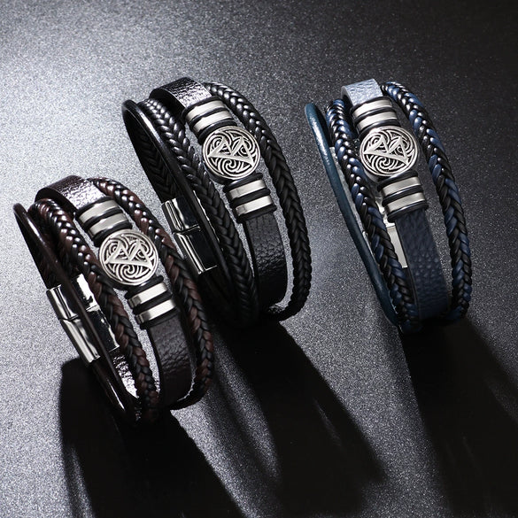 Men's Multilayer Woven Leather And Pu Leather Bracelet With Geometric Pattern Metal Electroplated Design