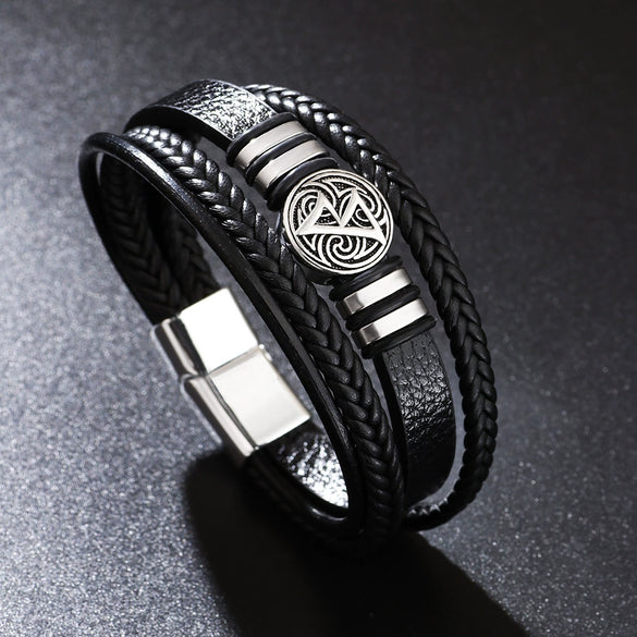 Men's Multilayer Woven Leather And Pu Leather Bracelet With Geometric Pattern Metal Electroplated Design