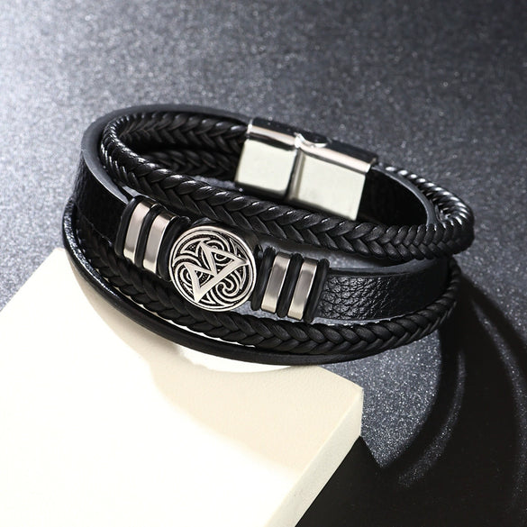 Men's Multilayer Woven Leather And Pu Leather Bracelet With Geometric Pattern Metal Electroplated Design