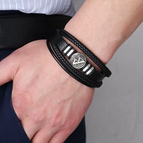 Men's Multilayer Woven Leather And Pu Leather Bracelet With Geometric Pattern Metal Electroplated Design