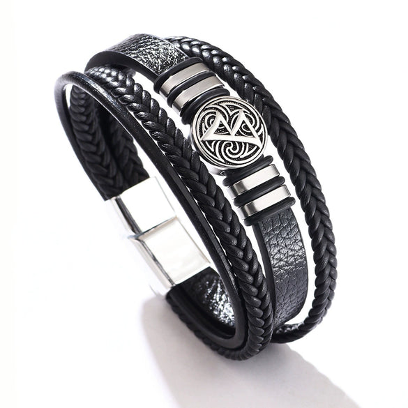 Men's Multilayer Woven Leather And Pu Leather Bracelet With Geometric Pattern Metal Electroplated Design