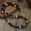 Men's Multilayered Leather Necklace With Black Agate Beads Alloy Pendant Geometric Style Handmade