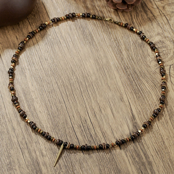 Men's Multilayered Leather Necklace With Black Agate Beads Alloy Pendant Geometric Style Handmade