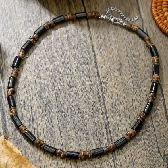 Men's Multilayered Leather Necklace With Black Agate Beads Alloy Pendant Geometric Style Handmade