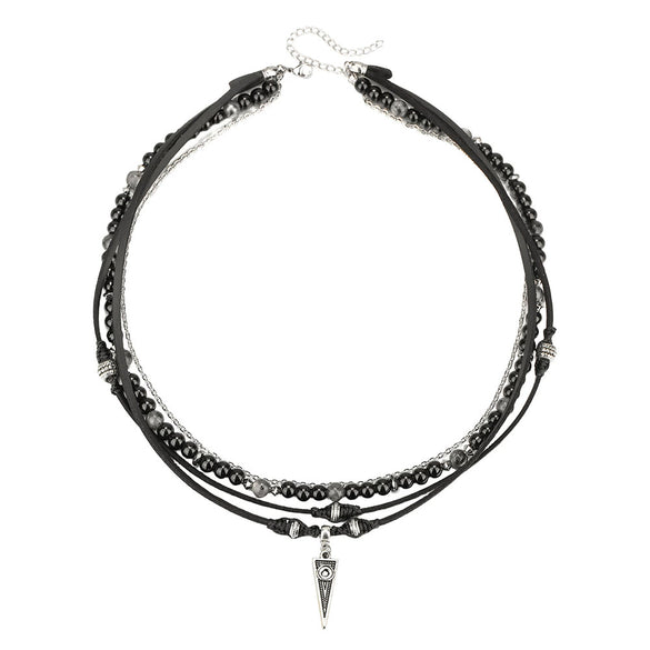 Men's Multilayered Leather Necklace With Black Agate Beads Alloy Pendant Geometric Style Handmade