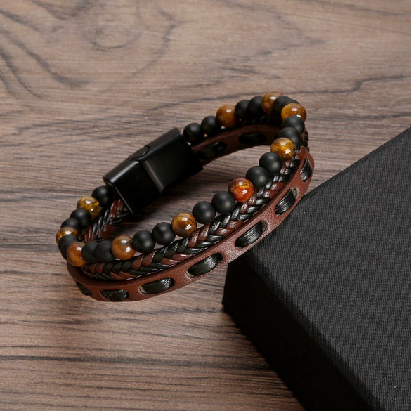 Men's Natural Stone And Alloy Handwoven Bracelet Jewelry With Electroplating Treatment