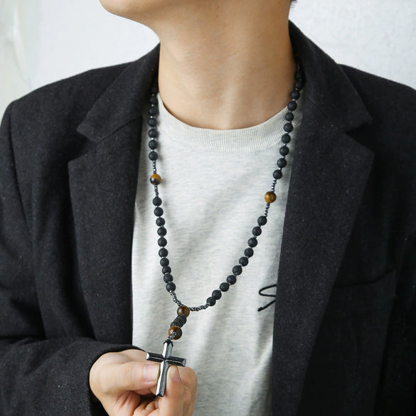Men's Necklace Religious Cross Pendant Alloy Tiger Eye Stone Handmade Cotton Thread Jewelry