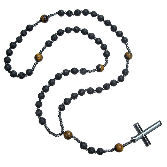 Men's Necklace Religious Cross Pendant Alloy Tiger Eye Stone Handmade Cotton Thread Jewelry