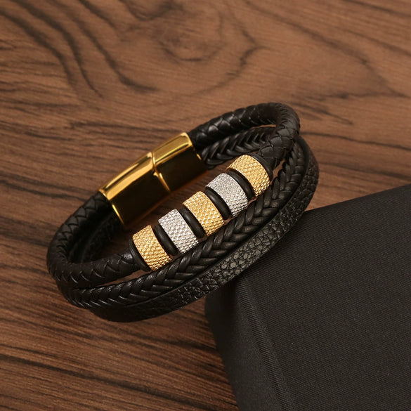 Men's Original Design Stainless Steel Handwoven Bracelet With Leather Magnetic Buckle