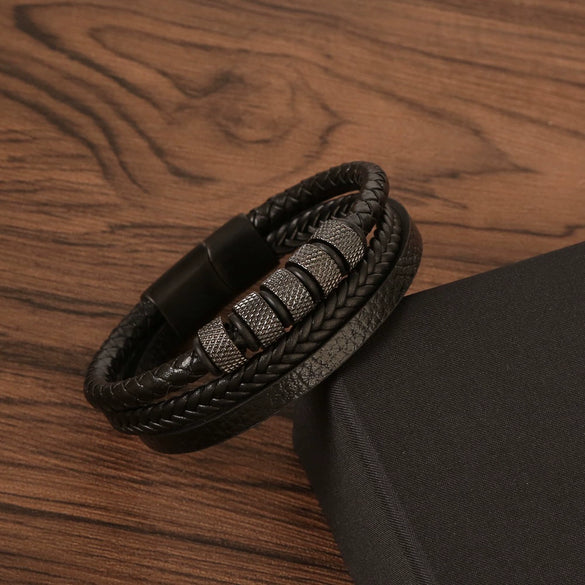 Men's Original Design Stainless Steel Handwoven Bracelet With Leather Magnetic Buckle