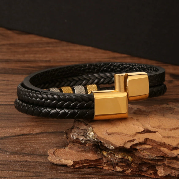 Men's Original Design Stainless Steel Handwoven Bracelet With Leather Magnetic Buckle