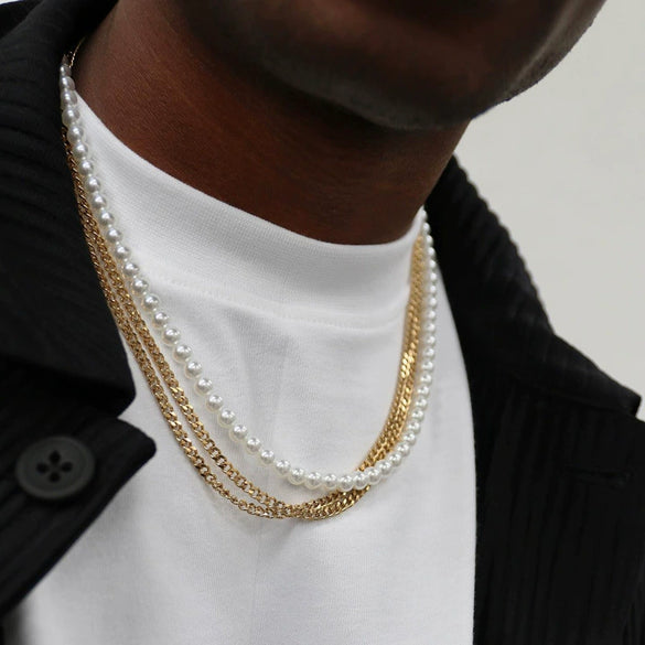 Men's Personality Geometric Handmade Pearl Alloy Necklace