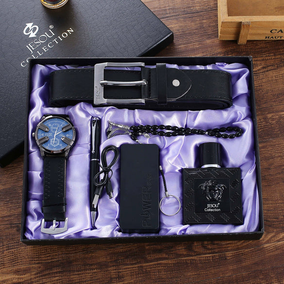 Men's 6 Pieces Set With Watch Belt Pen Necklace Perfume Charging Treasure Leather Modern And Simple Style