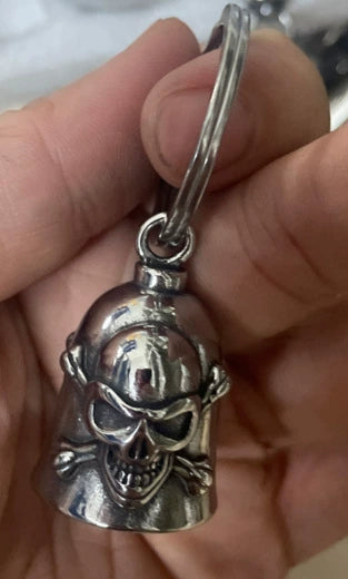 Men's Polished Stainless Steel Motorcycle Skull And Cross Bell Pendant Statement Necklace