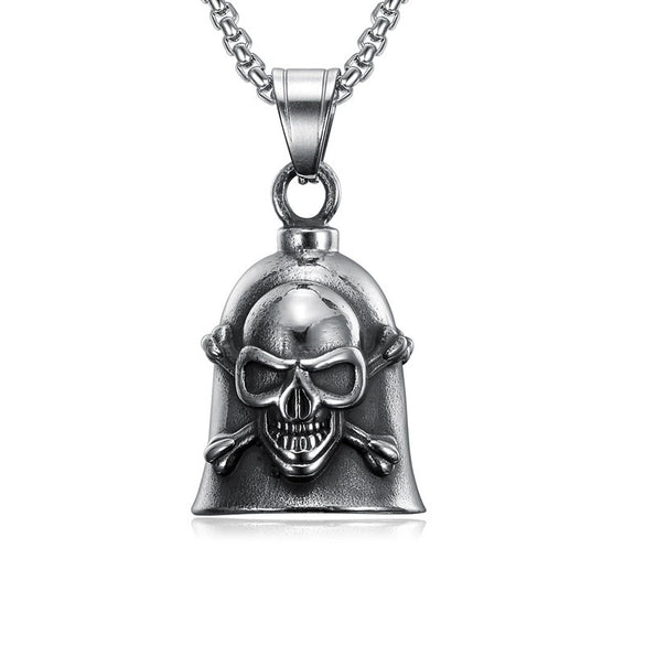 Men's Polished Stainless Steel Motorcycle Skull And Cross Bell Pendant Statement Necklace