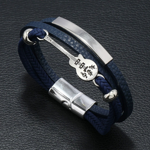 Men's Punk Leather Multilayered Braided Bracelets With Geometric Design And Electroplating Treatment