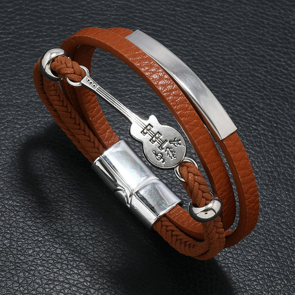 Men's Punk Leather Multilayered Braided Bracelets With Geometric Design And Electroplating Treatment