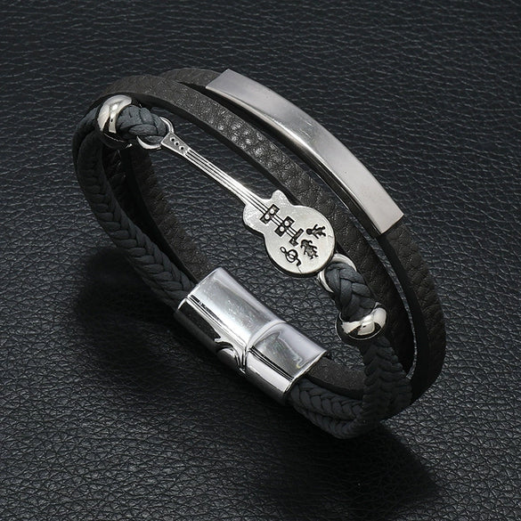 Men's Punk Leather Multilayered Braided Bracelets With Geometric Design And Electroplating Treatment