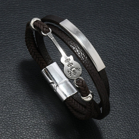 Men's Punk Leather Multilayered Braided Bracelets With Geometric Design And Electroplating Treatment