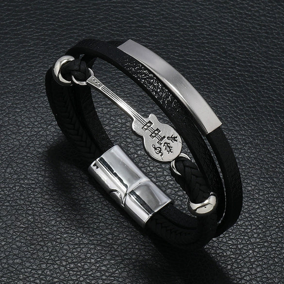 Men's Punk Leather Multilayered Braided Bracelets With Geometric Design And Electroplating Treatment