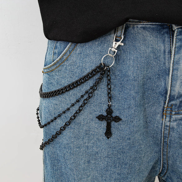Men's Punk Metal Cross Denim Pants Chain With Multiple Circles