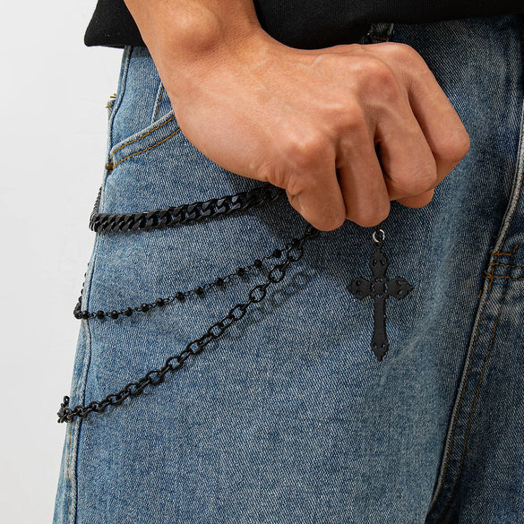 Men's Punk Metal Cross Denim Pants Chain With Multiple Circles