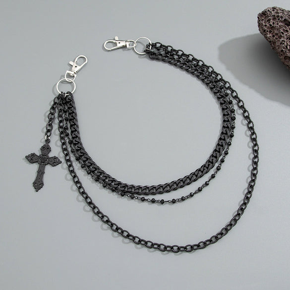 Men's Punk Metal Cross Denim Pants Chain With Multiple Circles