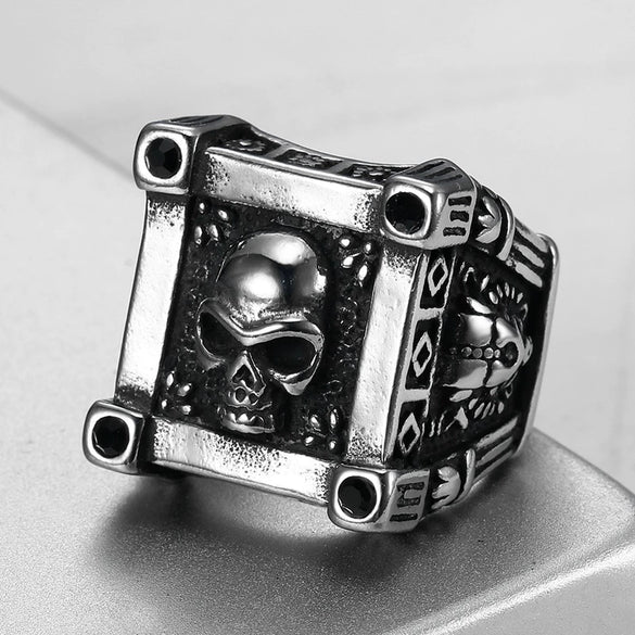 Men's Punk Skull Retro Gothic Stainless Steel Drop Shape Rock Ring Seiko Crafted