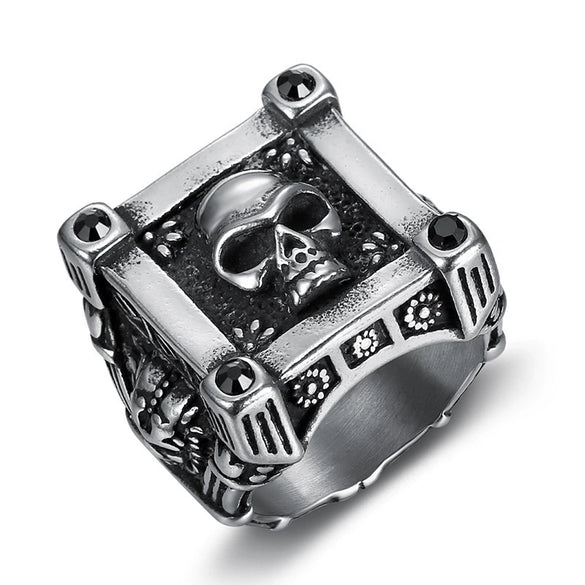 Men's Punk Skull Retro Gothic Stainless Steel Drop Shape Rock Ring Seiko Crafted