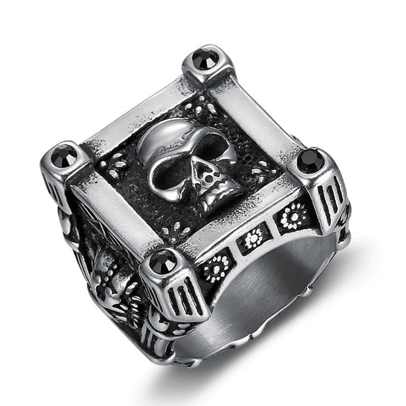 Men's Punk Skull Retro Gothic Stainless Steel Drop Shape Rock Ring Seiko Crafted
