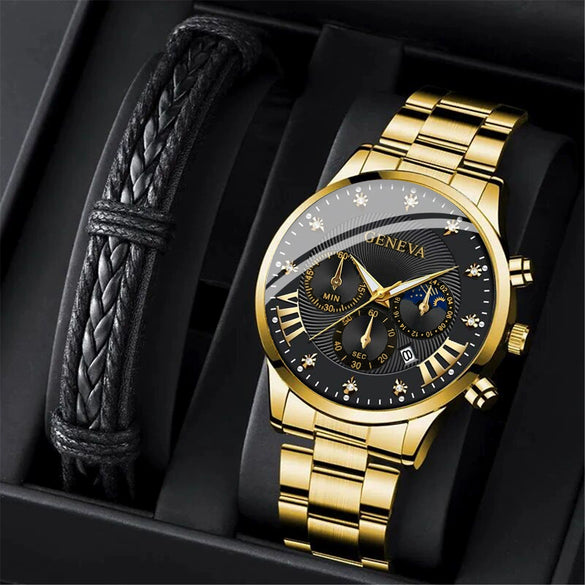 Men's Quartz Belt Watch Casual Business Style Alloy Strap Stainless Steel Buckle Round Dial