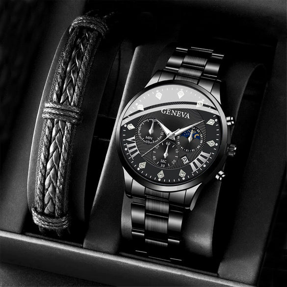 Men's Quartz Belt Watch Casual Business Style Alloy Strap Stainless Steel Buckle Round Dial