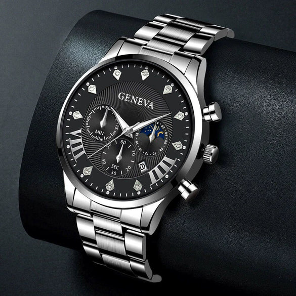 Men's Quartz Belt Watch Casual Business Style Alloy Strap Stainless Steel Buckle Round Dial