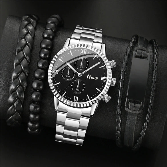 Men's Quartz Watch Alloy Case Stainless Steel Strap Round Dial Sporty Fashion Casual Bracelet Set