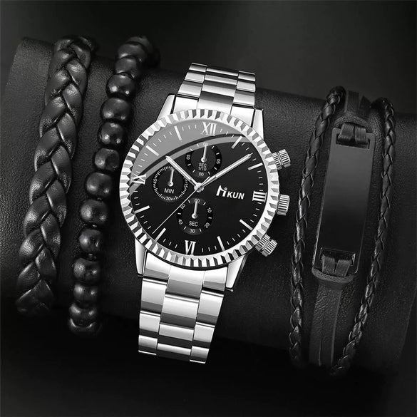 Men's Quartz Watch Alloy Case Stainless Steel Strap Round Dial Sporty Fashion Casual Bracelet Set