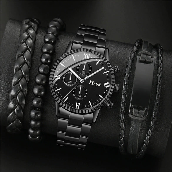 Men's Quartz Watch Alloy Case Stainless Steel Strap Round Dial Sporty Fashion Casual Bracelet Set