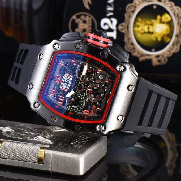 Men's Quartz Watch Barrel Shaped Dial Multifunctional Pointer And Number Display Metal Case Silicone Strap Casual Wristwatch