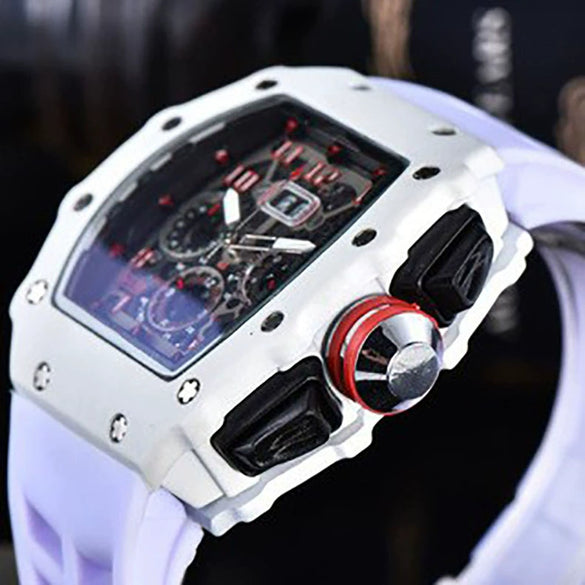 Men's Quartz Watch Barrel Shaped Dial Multifunctional Pointer And Number Display Metal Case Silicone Strap Casual Wristwatch