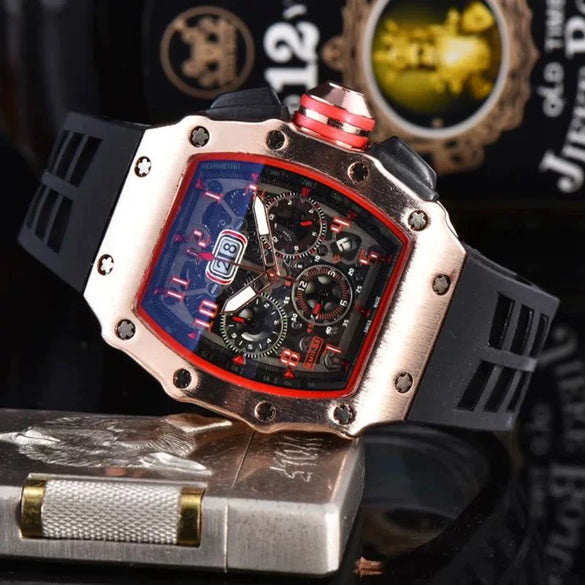 Men's Quartz Watch Barrel Shaped Dial Multifunctional Pointer And Number Display Metal Case Silicone Strap Casual Wristwatch
