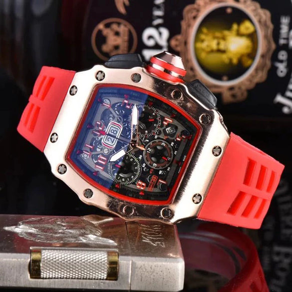Men's Quartz Watch Barrel Shaped Dial Multifunctional Pointer And Number Display Metal Case Silicone Strap Casual Wristwatch