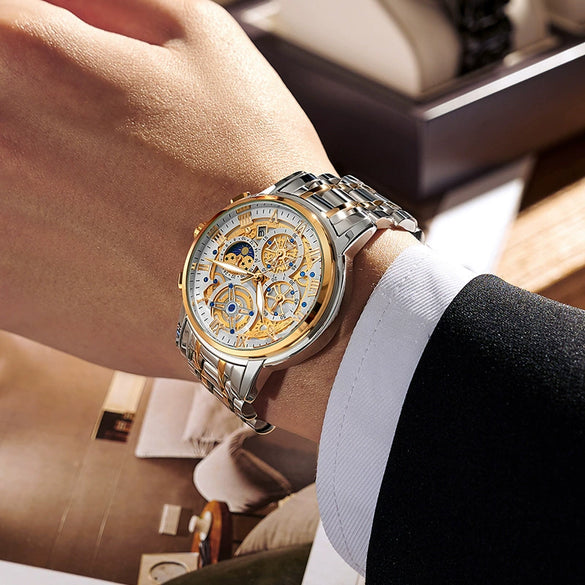 Men's Quartz Watch Multifunctional Chronograph Waterproof Hollow Concept Zinc Alloy Case Stainless Steel Strap Round Dial