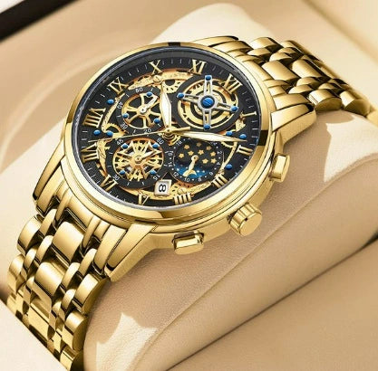 Men's Quartz Watch Multifunctional Chronograph Waterproof Hollow Concept Zinc Alloy Case Stainless Steel Strap Round Dial