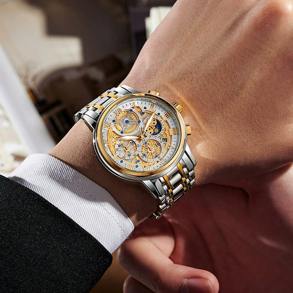 Men's Quartz Watch Multifunctional Chronograph Waterproof Hollow Concept Zinc Alloy Case Stainless Steel Strap Round Dial