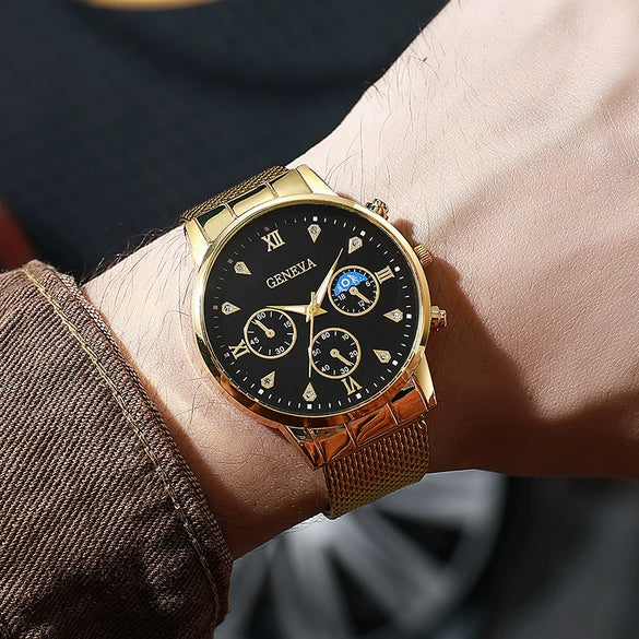 Men's Quartz Watch With Silicone Mesh Band Alloy Case Stainless Steel Strap And Buckle Round Dial Mineral Reinforced Glass Mirror Business Style Luminous