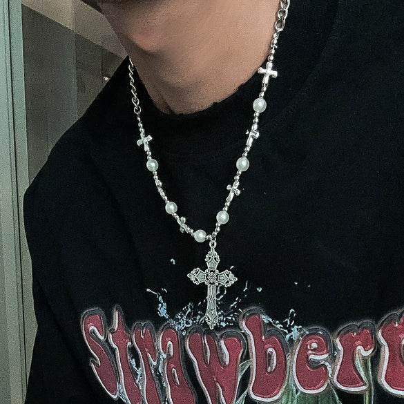 Men's Retro Cross Pendant Necklace Alloy Geometric Handmade Pearl Stitching