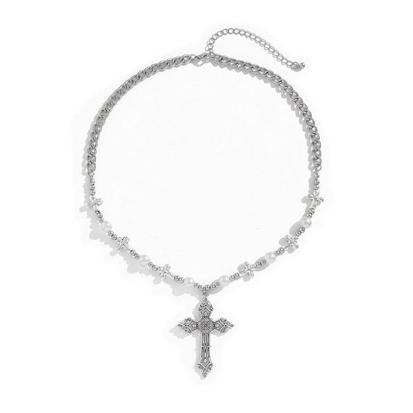Men's Retro Cross Pendant Necklace Alloy Geometric Handmade Pearl Stitching