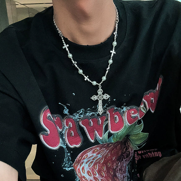 Men's Retro Cross Pendant Necklace Alloy Geometric Handmade Pearl Stitching